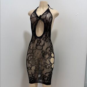 Black Fish Net Halter Midi Dress